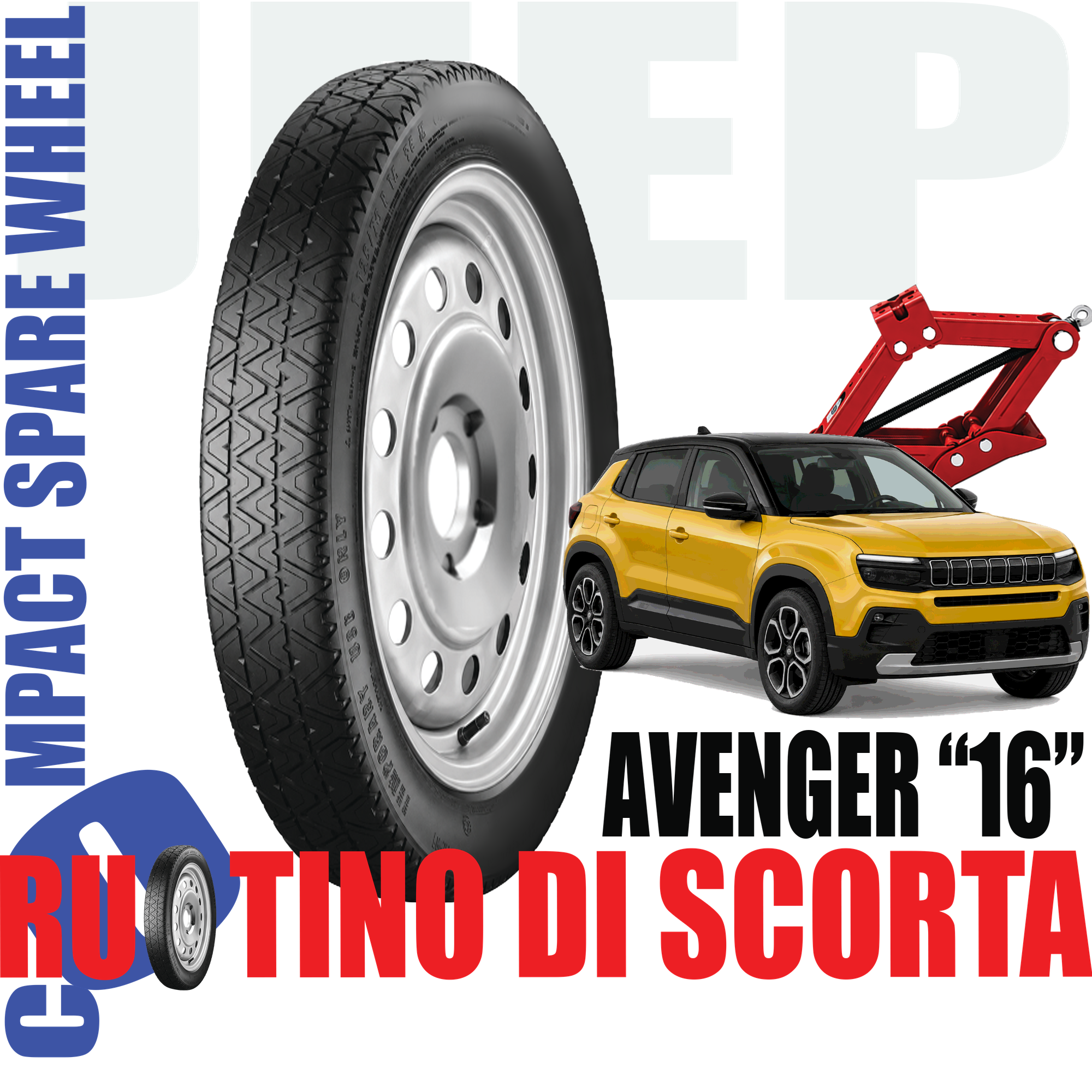 Ruotino di scorta Jeep Avenger ( FH1 ) 4 Fori Ruota 125/90 R16 Da Anno 2023 Fino ad Anno 2024 Con Cric 1 Ruotino di scorta Jeep Avenger ( FH1 ) 4 Fori Ruota 125/90 R16 Da Anno 2023 Fino ad Anno 2024 Con Cric
