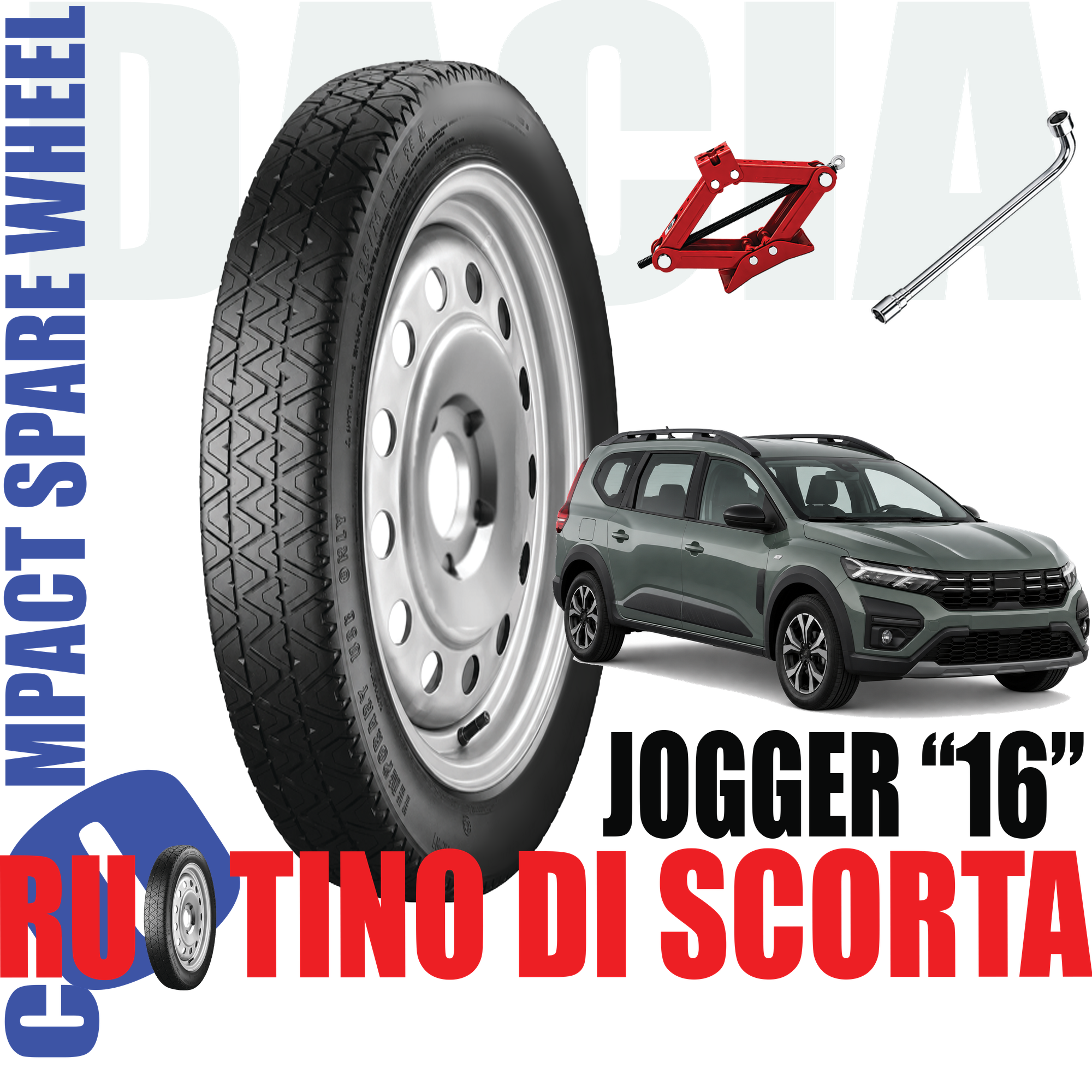Ruotino di scorta Dacia Jogger 4 Fori Ruota 125/85 R16 Da Anno 2022 Fino ad Anno 2024 Con Cric e Chiave 1 Ruotino di scorta Dacia Jogger 4 Fori Ruota 125/85 R16 Da Anno 2022 Fino ad Anno 2024 Con Cric e Chiave