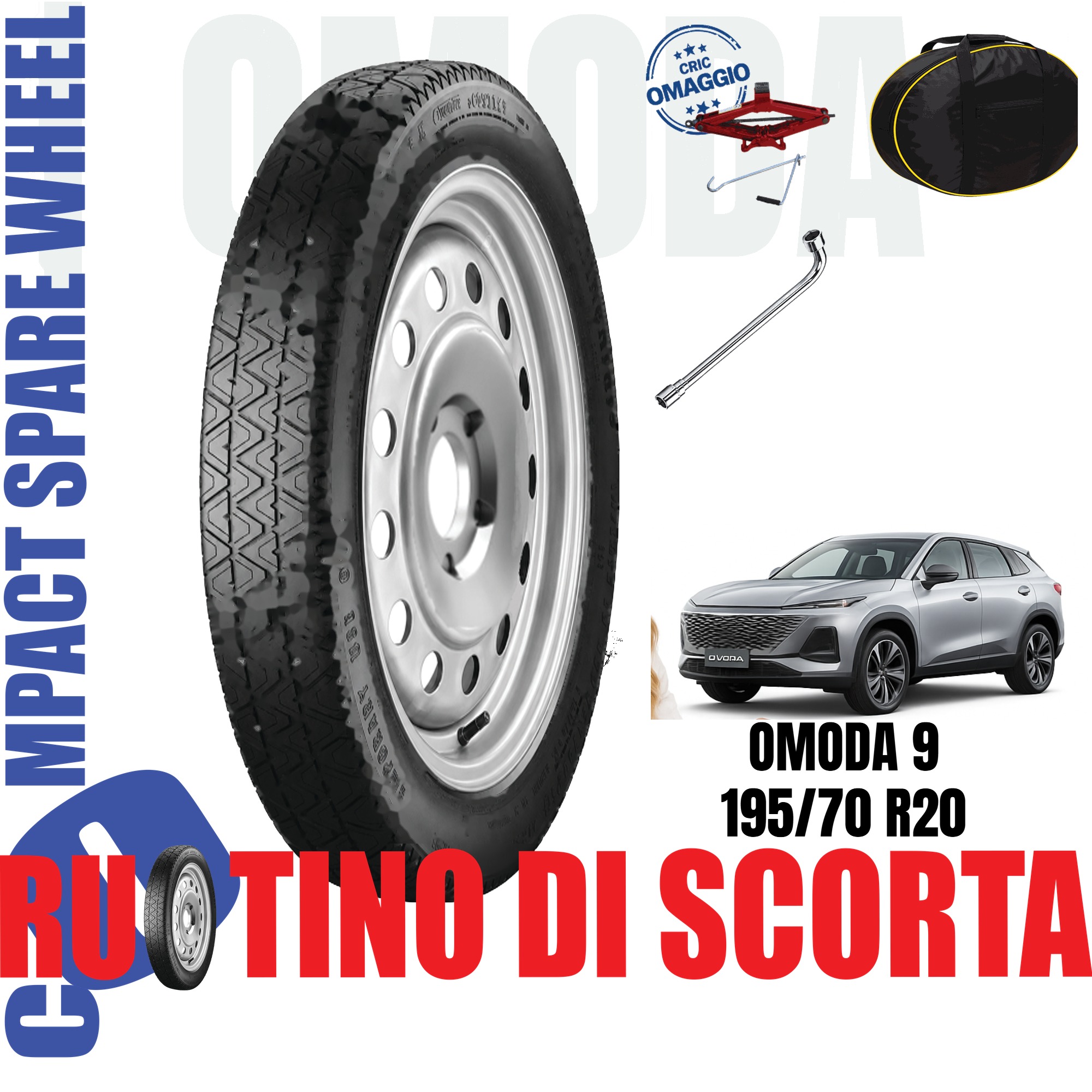 Ruotino di scorta Omoda 9 5 Fori Ruota 195/70 R20 Da Anno 2025 Fino ad Anno Oggi Con Kit Accessori Cric Crick Chiave e Sacca 1 Ruotino di scorta Omoda 9 5 Fori Ruota 195/70 R20 Da Anno 2025 Fino ad Anno Oggi Con Kit Accessori Cric Crick Chiave e Sacca