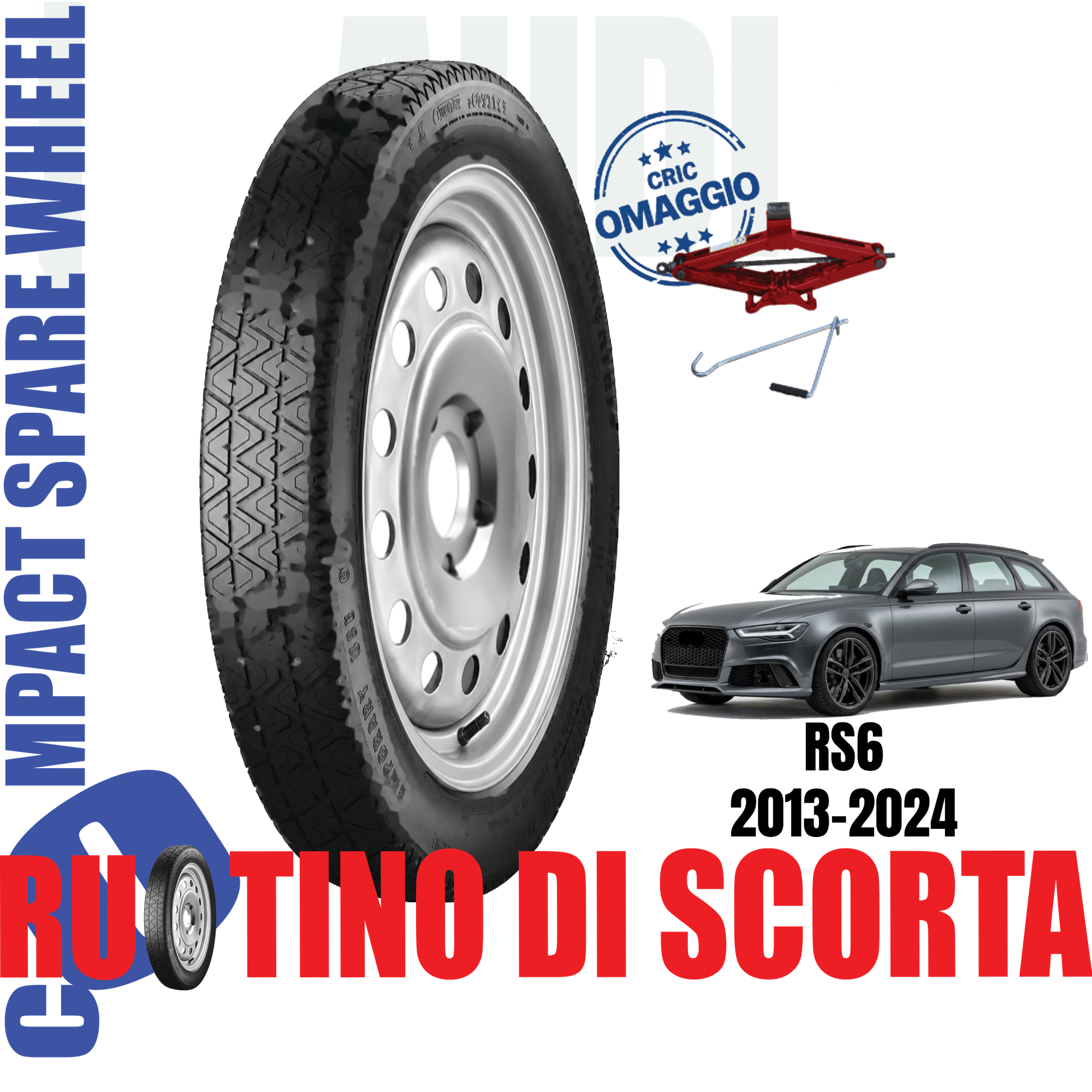 Ruotino di scorta Audi RS6 5 Fori Ruota 145/65 R20 Con Cric Da Anno 2013 Fino ad Anno 2024 1 Ruotino di scorta Audi RS6 5 Fori Ruota 145/65 R20 Con Cric Da Anno 2013 Fino ad Anno 2024