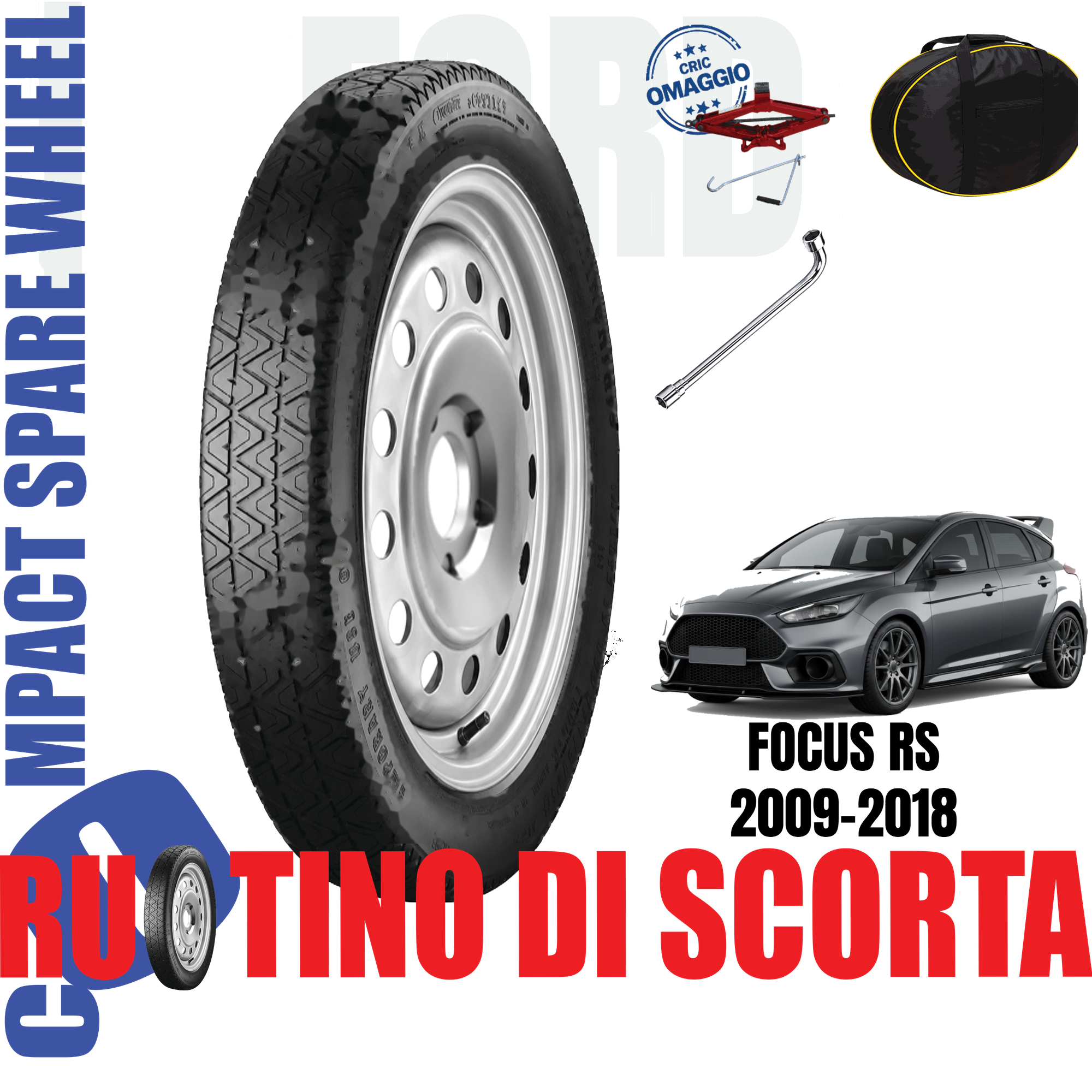 Ruotino di scorta Ford Focus RS 5 Fori Ruota 115/85 R18 Con Kit Accessori Cric Crick Chiave e Sacca Da Anno 2009 Fino ad Anno 2018 1 Ruotino di scorta Ford Focus RS 5 Fori Ruota 115/85 R18 Con Kit Accessori Cric Crick Chiave e Sacca Da Anno 2009 Fino ad Anno 2018