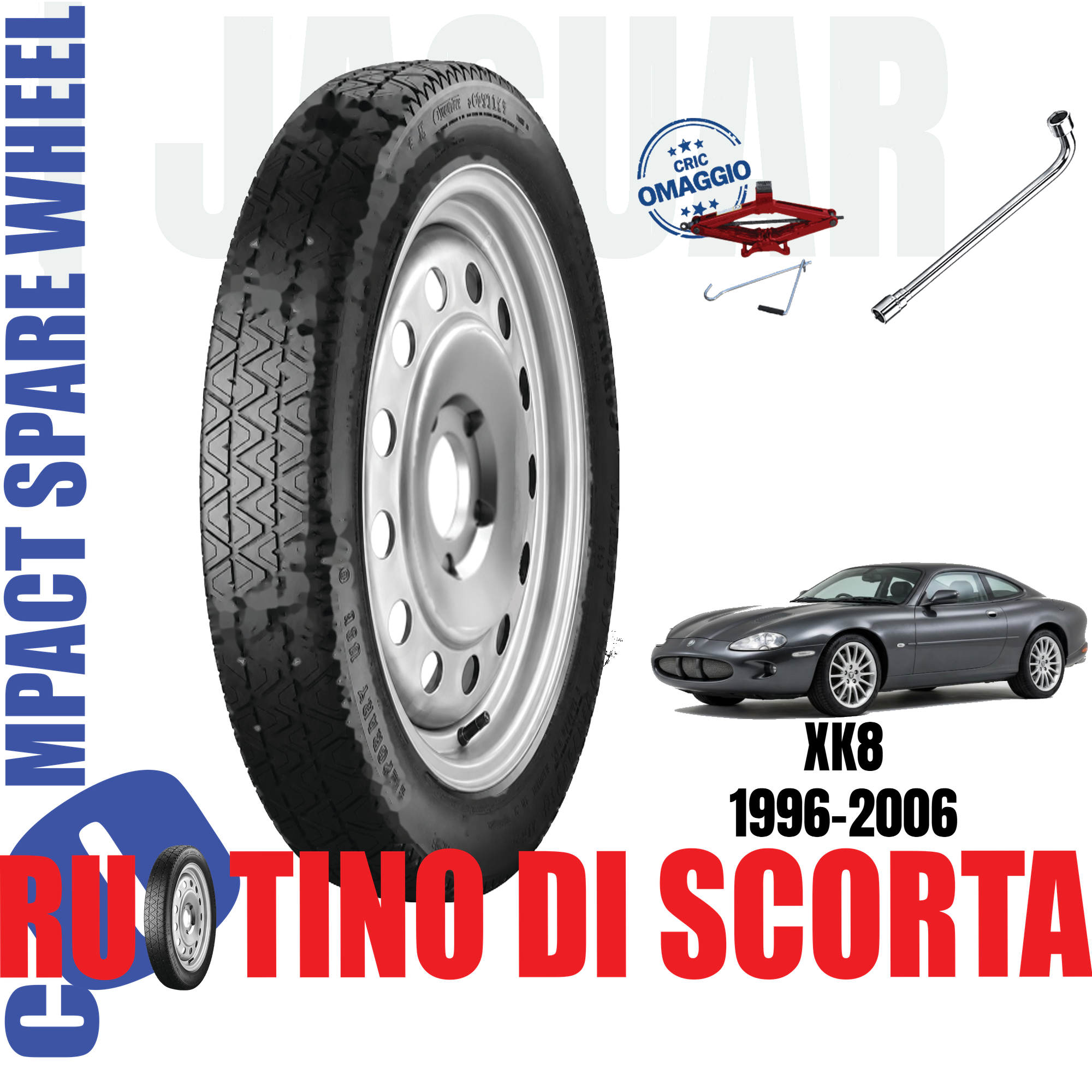 Ruotino di scorta Jaguar Xk8 ( X100 ) 5 Fori Ruota 145/80 R18 Con Kit Accessori Cric Crick e Chiave Da Anno 1996 Fino ad Anno 2006 1 Ruotino di scorta Jaguar Xk8 ( X100 ) 5 Fori Ruota 145/80 R18 Con Kit Accessori Cric Crick e Chiave Da Anno 1996 Fino ad Anno 2006