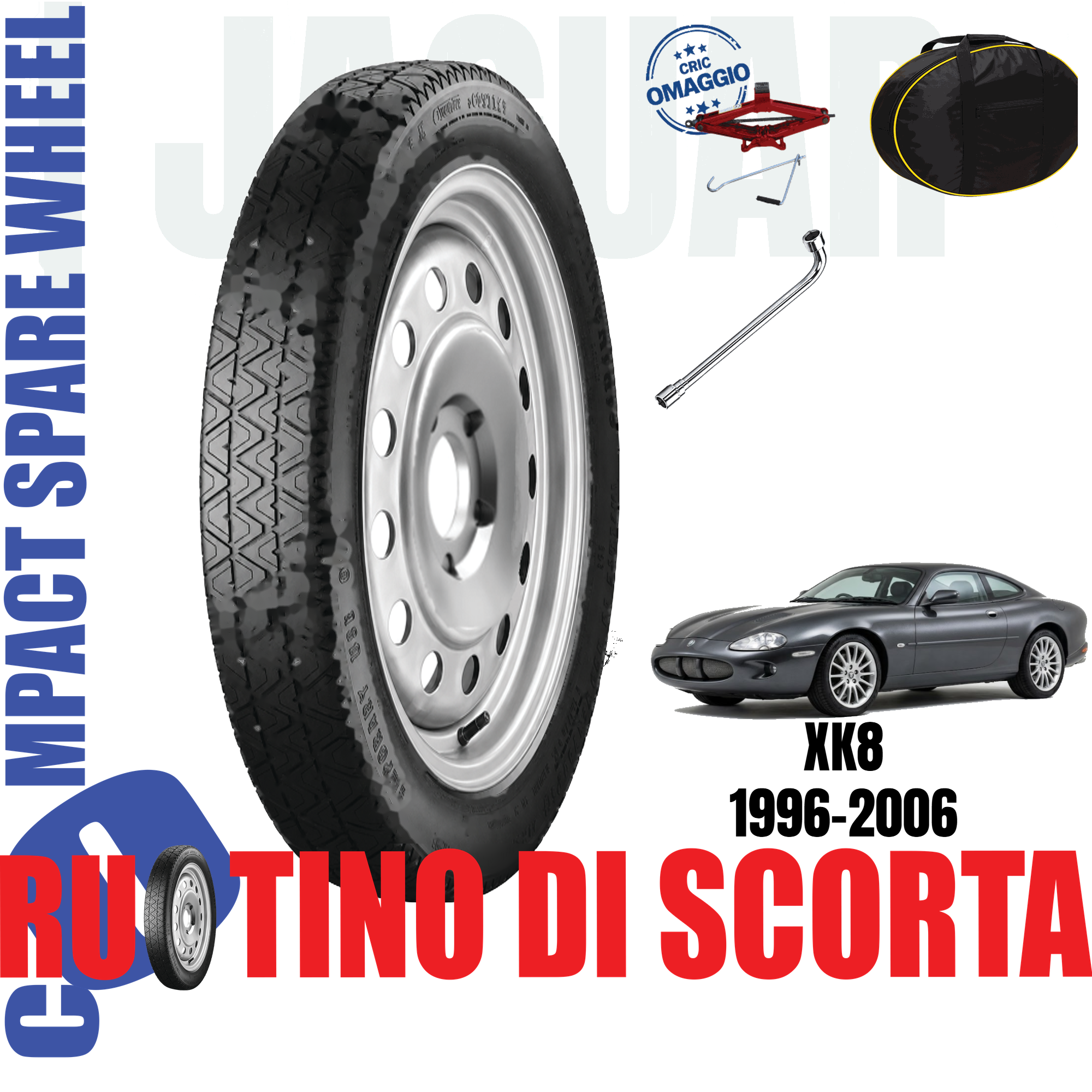 Ruotino di scorta Jaguar Xk8 ( X100 ) 5 Fori Ruota 145/80 R18 Con Kit Accessori Cric Crick Chiave e Sacca Da Anno 1996 Fino ad Anno 2006 1 Ruotino di scorta Jaguar Xk8 ( X100 ) 5 Fori Ruota 145/80 R18 Con Kit Accessori Cric Crick Chiave e Sacca Da Anno 1996 Fino ad Anno 2006