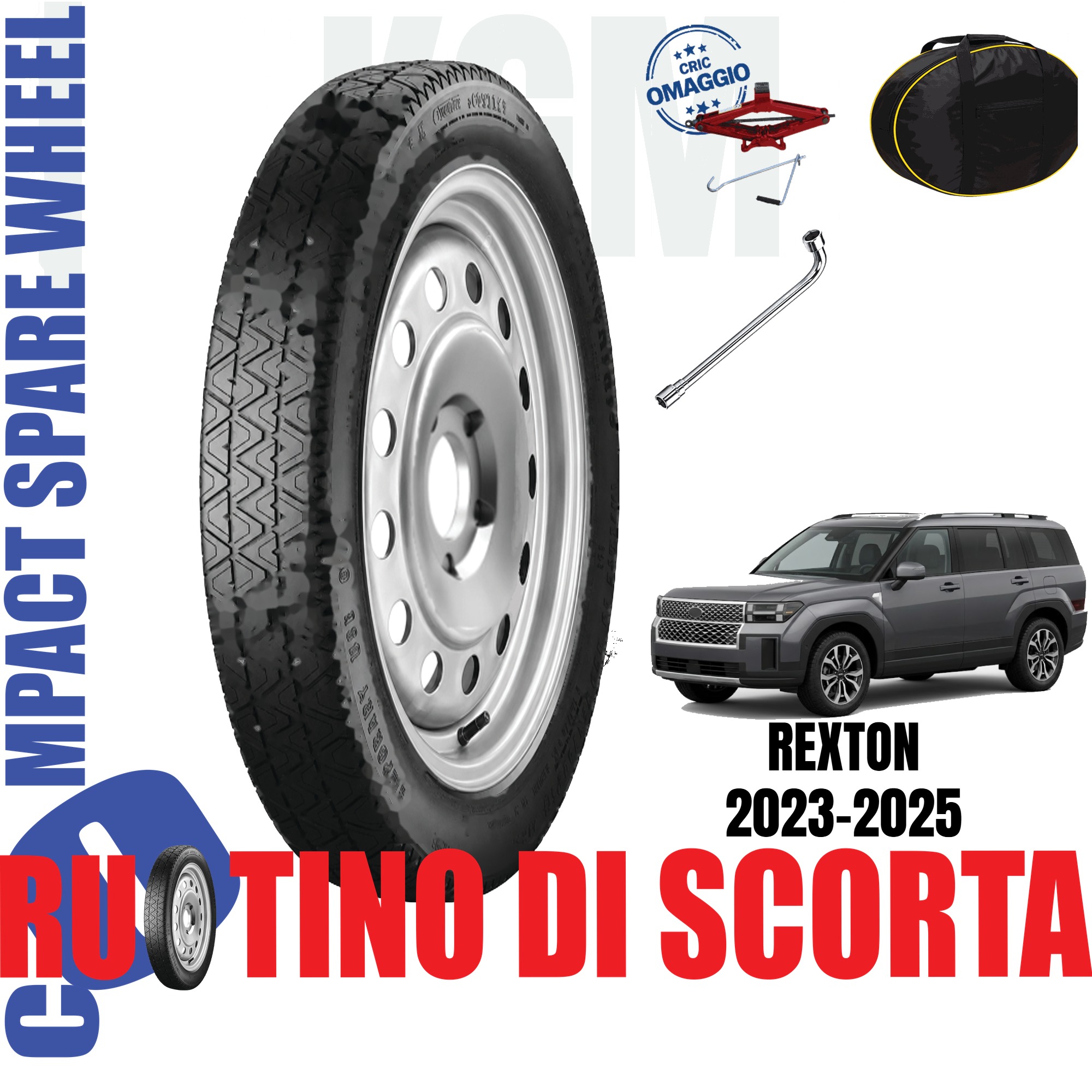 Ruotino di scorta KGM Rexton 5 Fori Ruota 155/85 R18 Kit Completo Con Sacca Da Anno 2023 a 2025 1 Ruotino di scorta KGM Rexton 5 Fori Ruota 155/85 R18 Kit Completo Con Sacca Da Anno 2023 a 2025