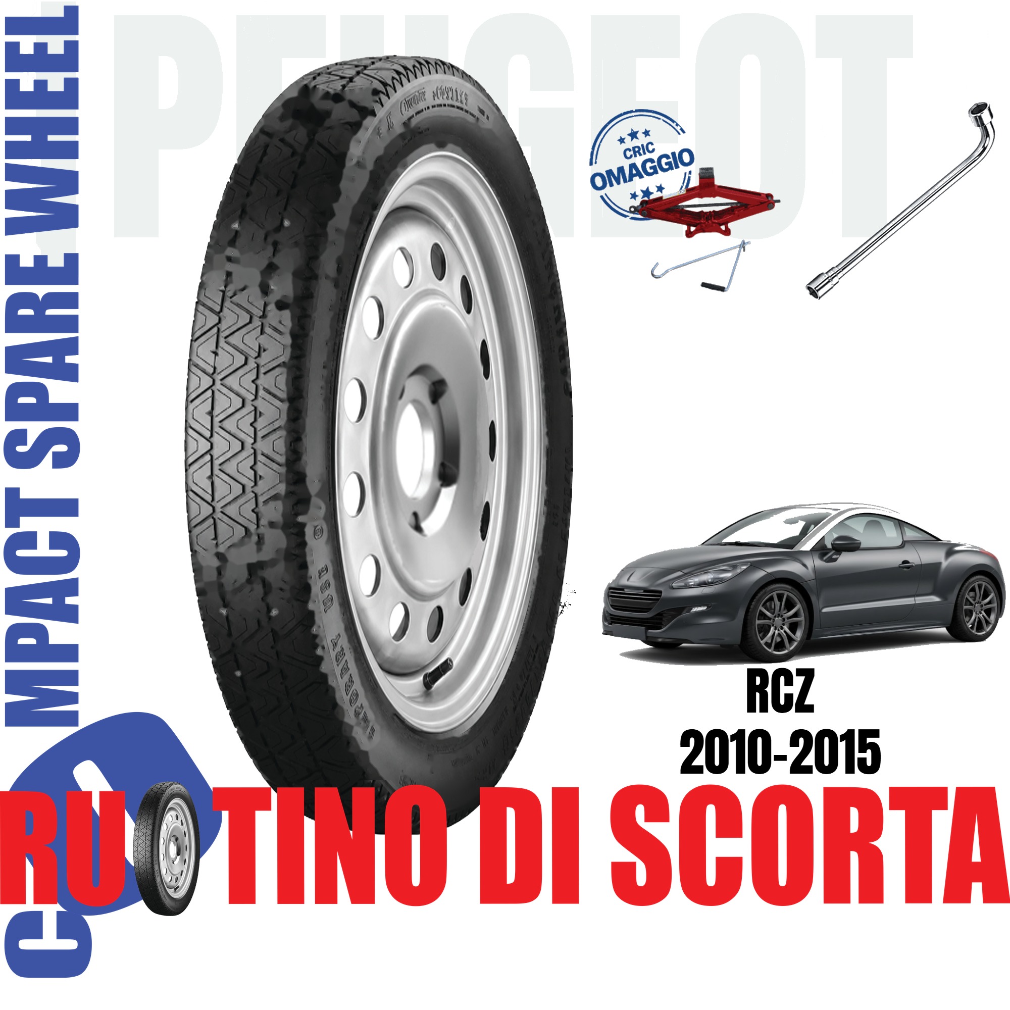 Ruotino di scorta Peugeot RCZ 5 Fori Ruota 125/70 R18 Con Cric e Chiave Da Anno 2010 a 2015 1 Ruotino di scorta Peugeot RCZ 5 Fori Ruota 125/70 R18 Con Cric e Chiave Da Anno 2010 a 2015