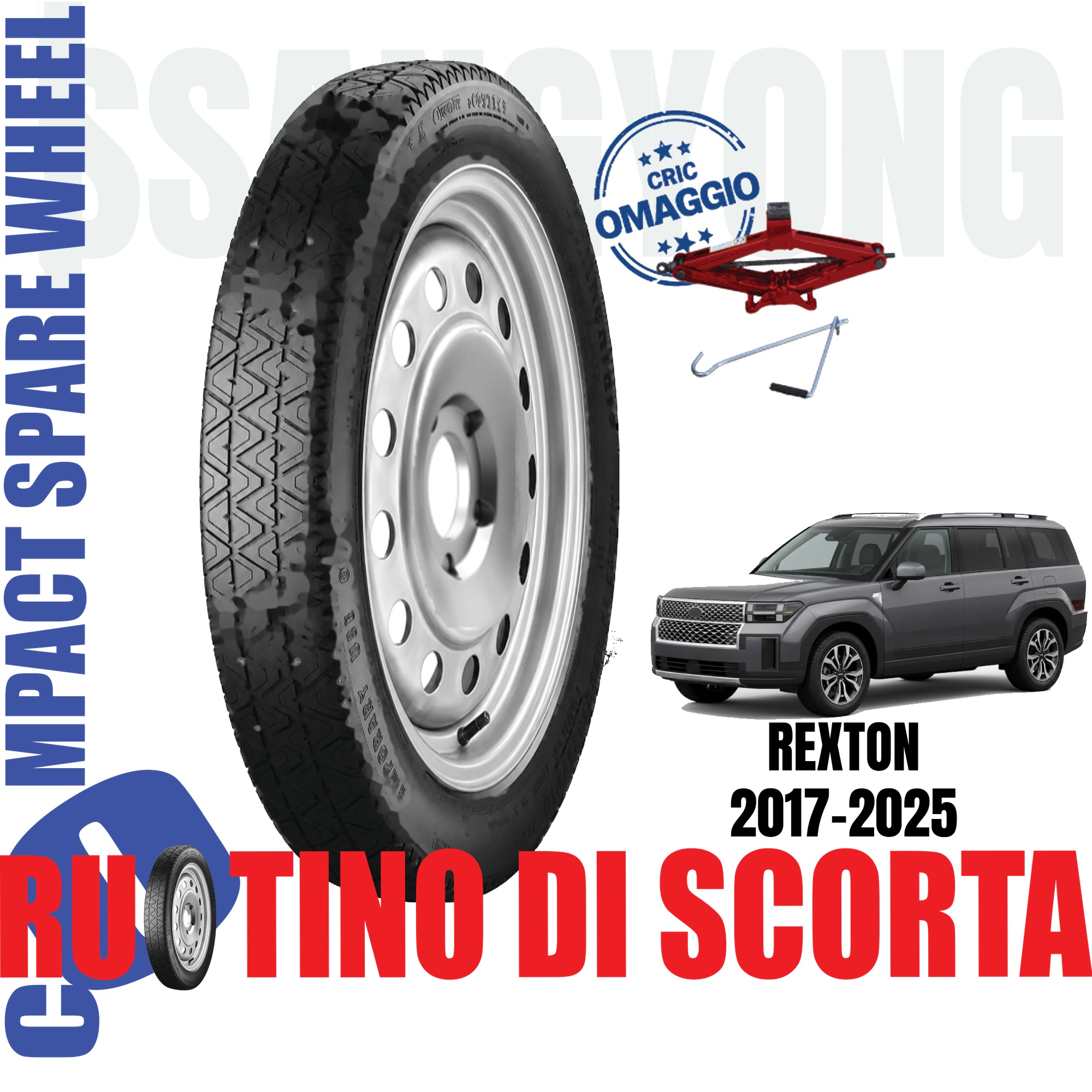 Ruotino di scorta Ssangyong Rexton ( Yk ) 5 Fori Ruota 155/85 R18 Con Cric Da Anno 2017 a 2025 1 Ruotino di scorta Ssangyong Rexton ( Yk ) 5 Fori Ruota 155/85 R18 Con Cric Da Anno 2017 a 2025